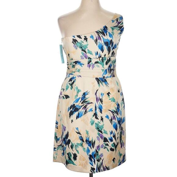 NWT Antonio Melani Blue Cream Floral Abstract Print One Shoulder Sheath Sz 14 - Picture 1 of 6